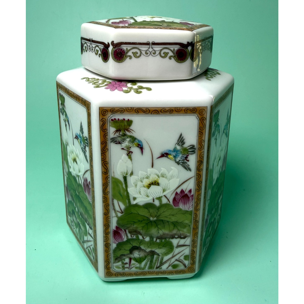 Vintage Toyo Ming Lotus Japan Porcelain Hex Ginger Jar Birds Waterlily Lid Asian